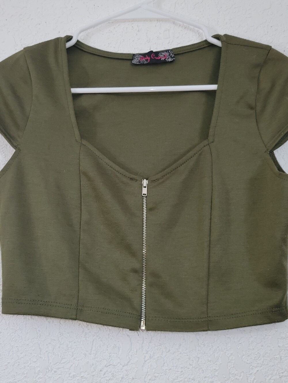 Body Central Olive Zip-Front Square Neck Crop Top